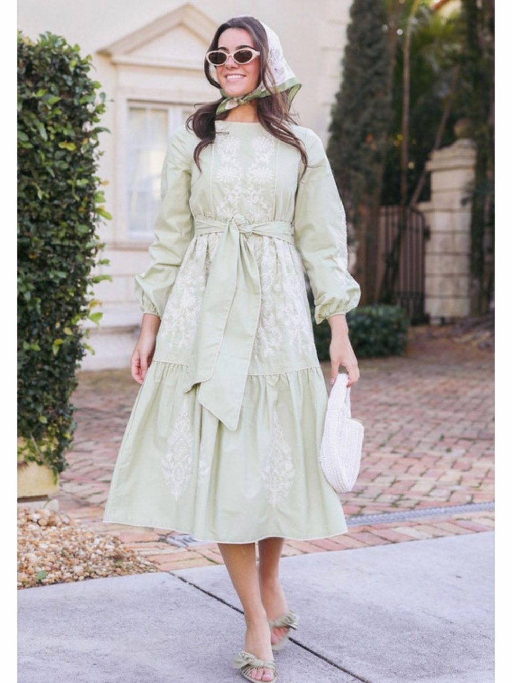 Dainty Jewells Sage Green Embroidered Midi Dress with Tie Waist